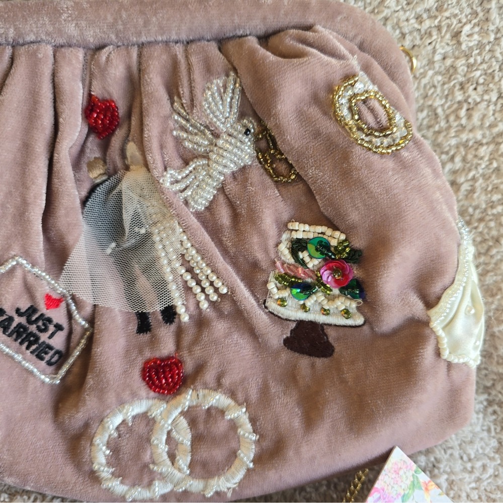 "Just Married" Mauve Velvet Beaded Sequin Rhinestone Clutch Purse Or Crossbody - Picture 16 of 16